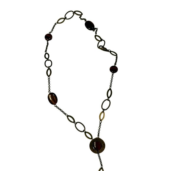 Boho Lariat Y Necklace Dark Bead Oval Links Long Statement Jewelry 19" Accessory - Picture 2 of 7